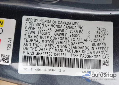 2025 Honda Civic Sport из США, поврежденный, VIN 2HGFE2F52SH592771